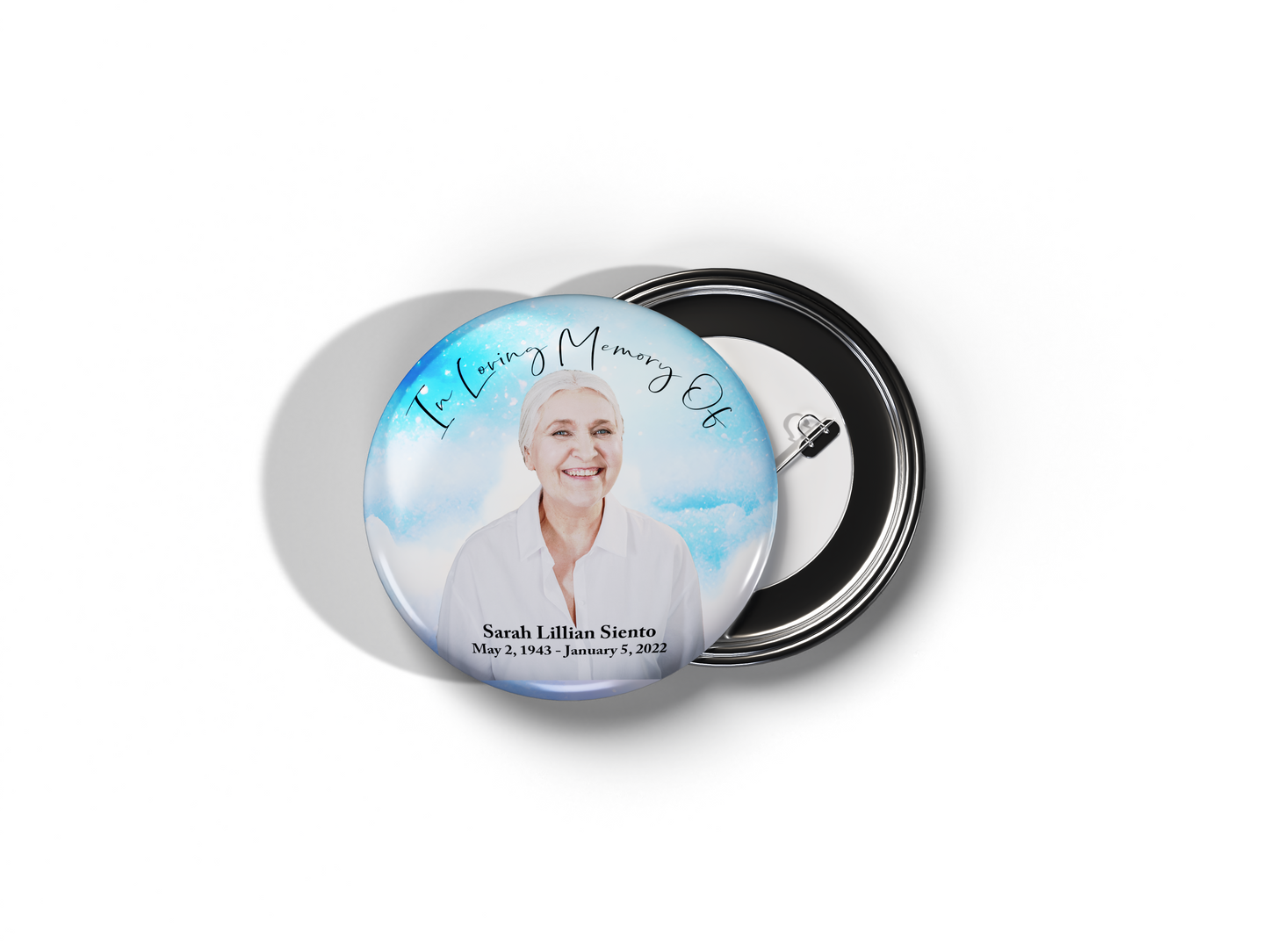A custom photo memorial button with a 3-inch pin back, featuring a printed image of a person alongside text that includes the name, birth and death dates, and a request to 'keep me in your heart'.