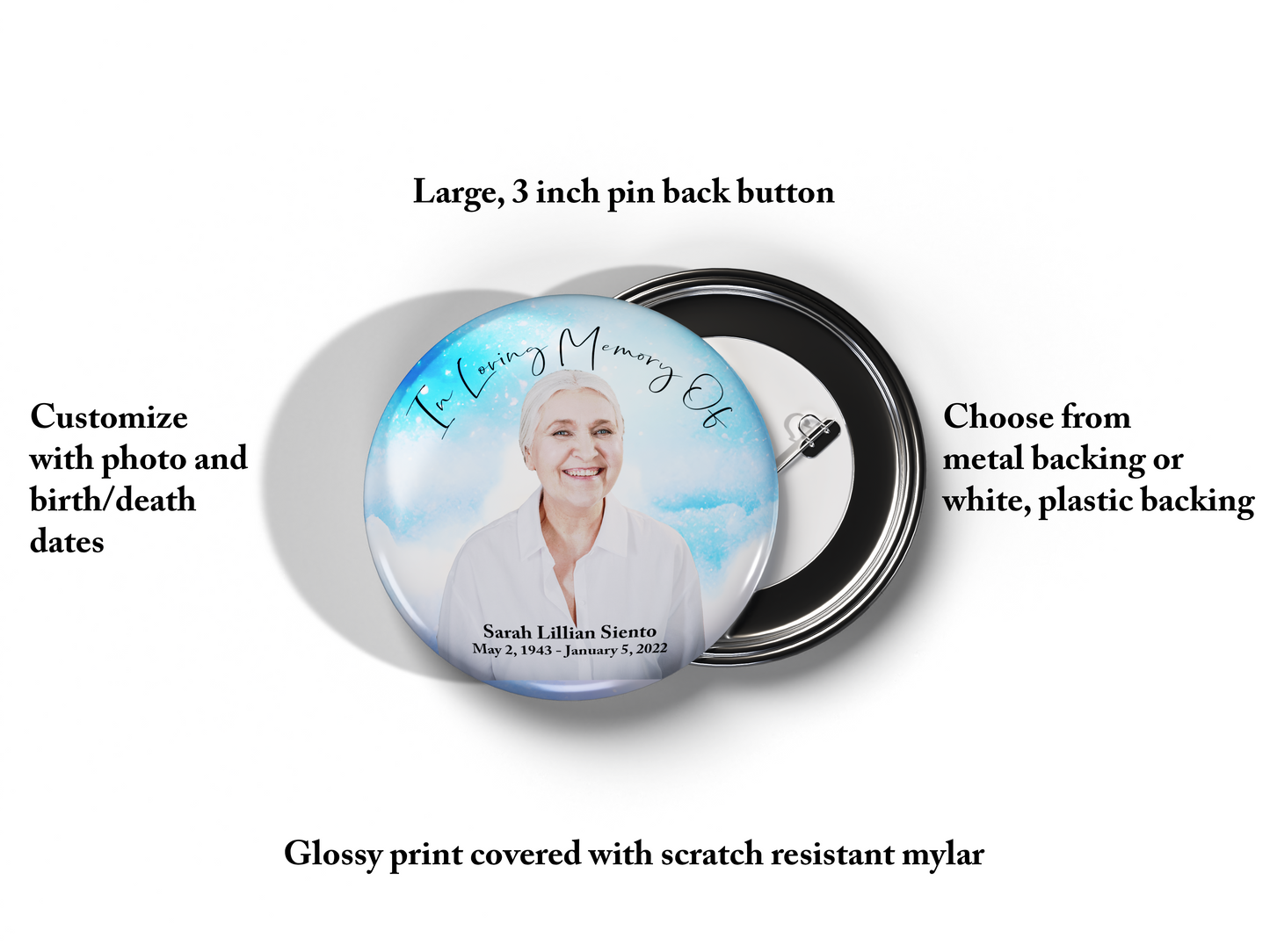 Custom Photo In Loving Memory Memorial Buttons | Large 3 Inch Pin Back Buttons