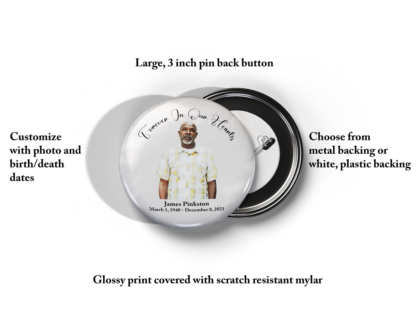 Custom Photo Forever In Our Hearts Memorial Buttons | Large 3 Inch Pin Back Buttons