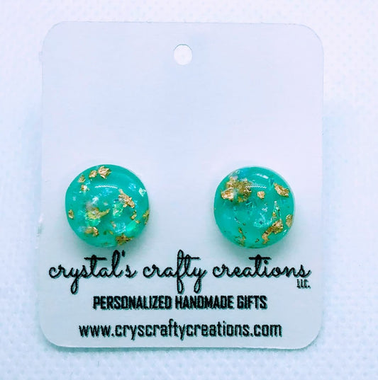 Mint Blue/Green and Gold Speckled Resin Stud Earrings