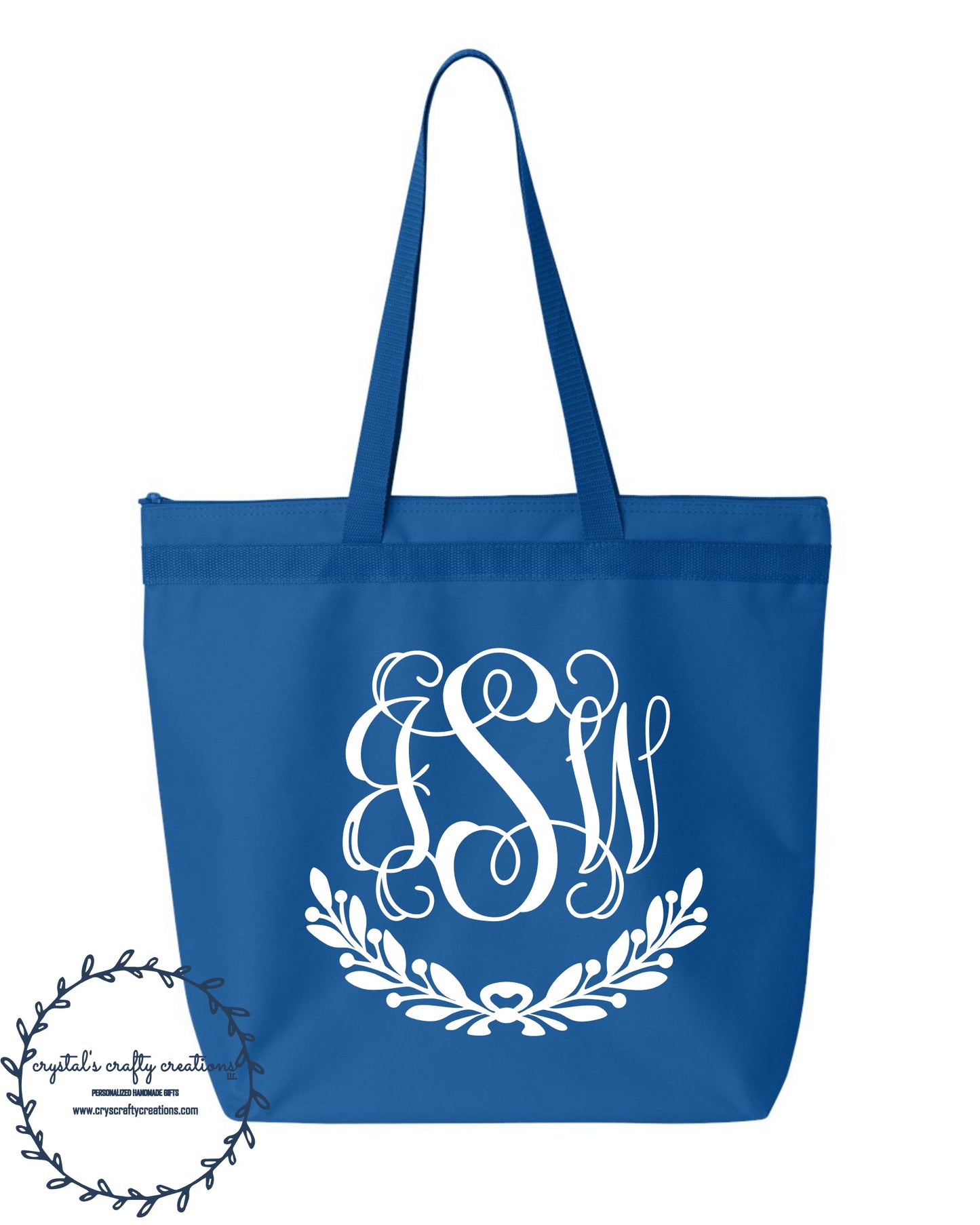 Personalized monogram tote bag, blue and white