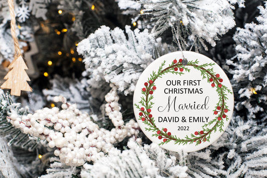 Personalized Ornament - First Christmas Married Christmas Wreath