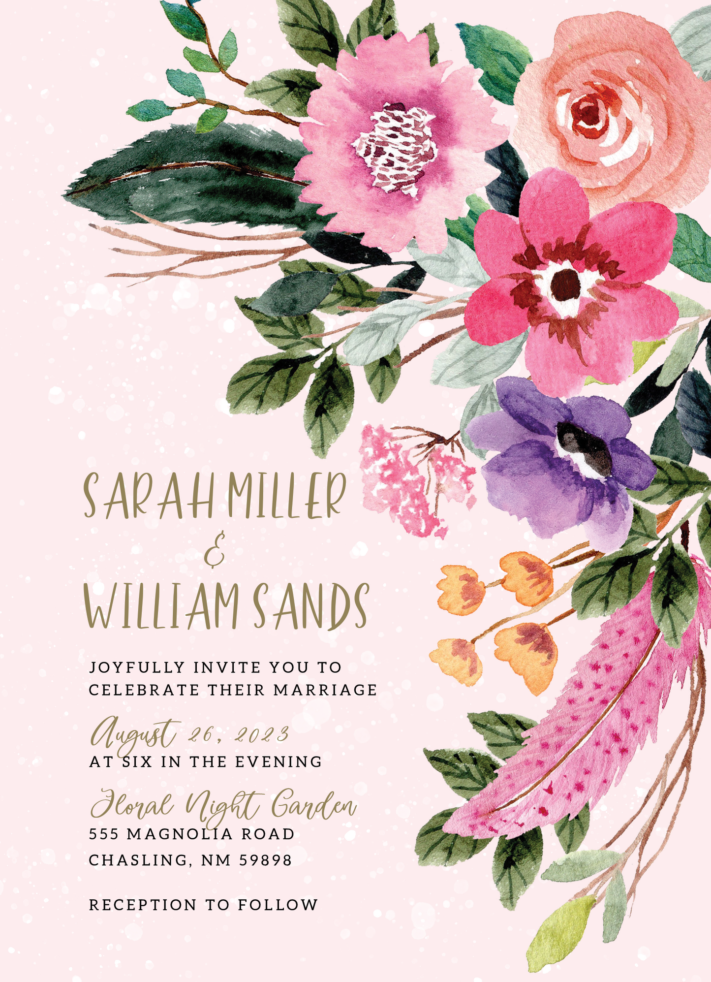 Watercolor Floral Feathered Wedding Invitation Suite WEDINV01