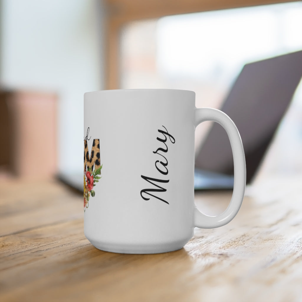 Personalized Name Blessed Mom Leopard Floral Ceramic Mug 15oz